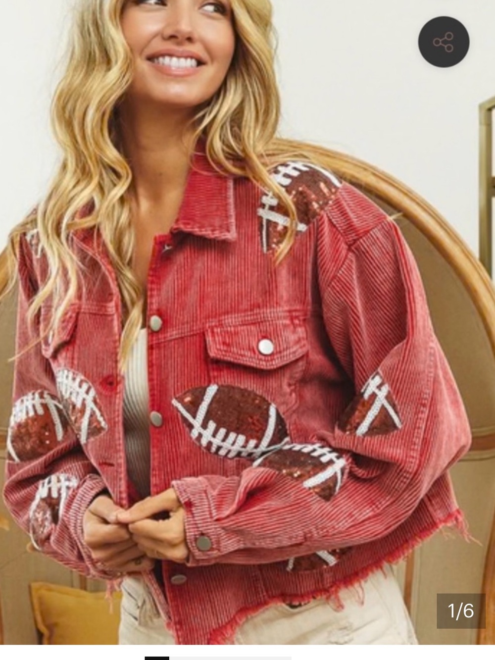 Corduroy Football Print Crop Jacket in Red